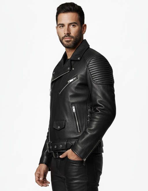 Men's Real Cowhide Leather Bikers Jacket Quilted Panels Bikers Jacket