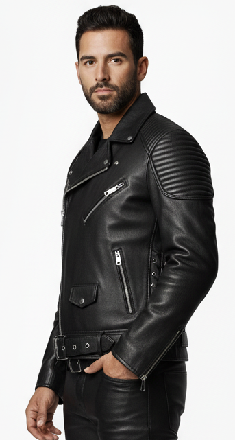 Men's Real Cowhide Leather Bikers Jacket Quilted Panels Bikers Jacket