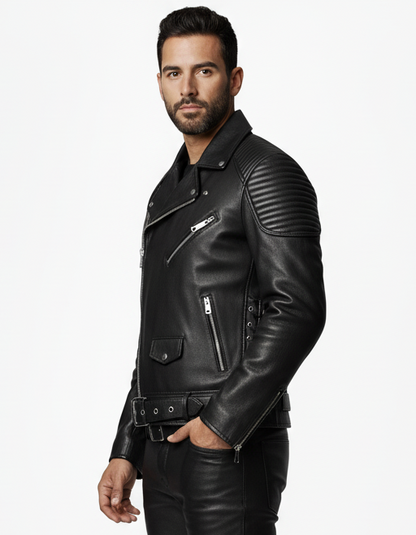 Men's Real Cowhide Leather Bikers Jacket Quilted Panels Bikers Jacket