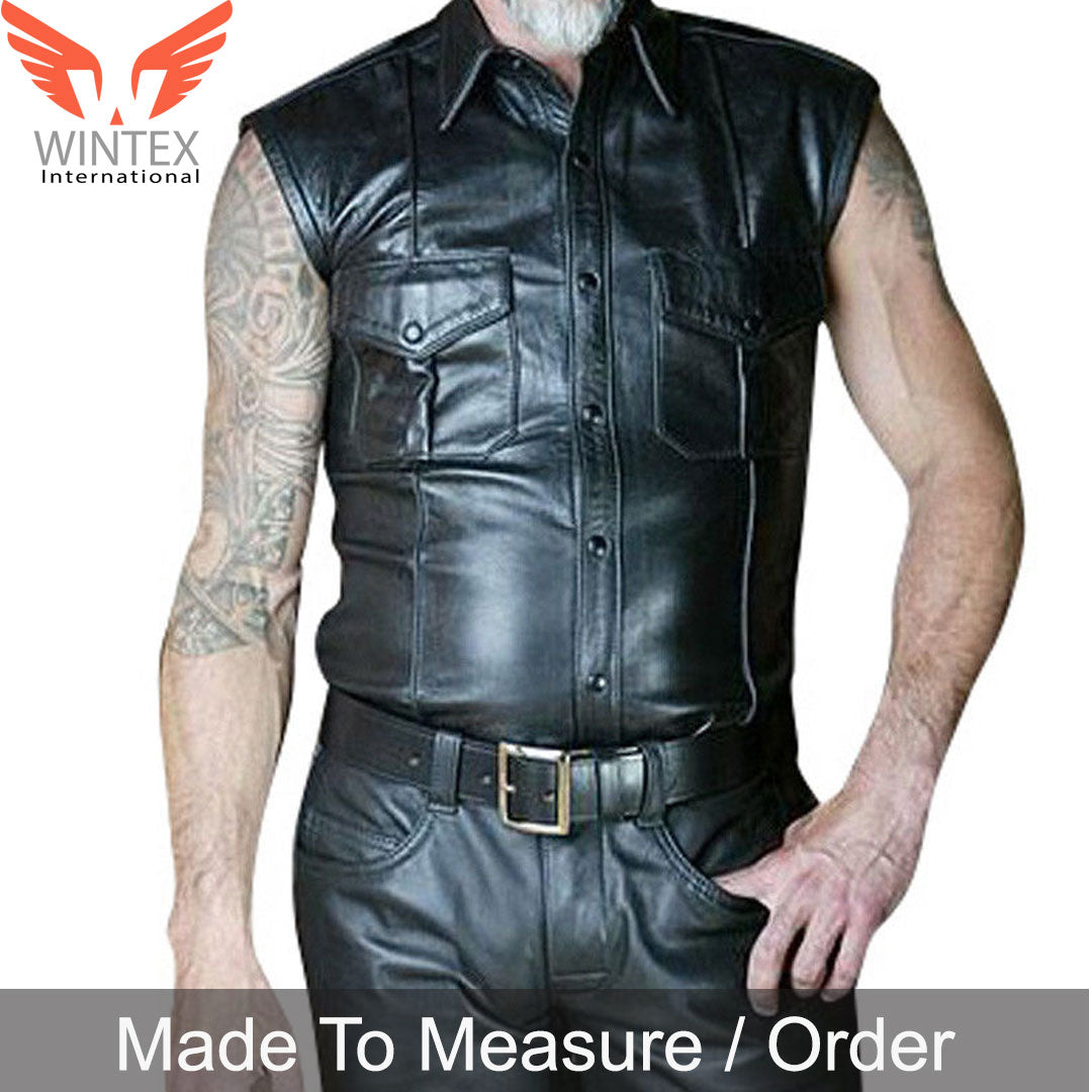 Men’s Real Lamb Leather Police Style Sleeveless Shirt Leather Shirt BLUF Shirt