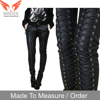 Women Real Lamb Leather Laces Up Slim Fit Pants – Sexy Front Laces Up Pants