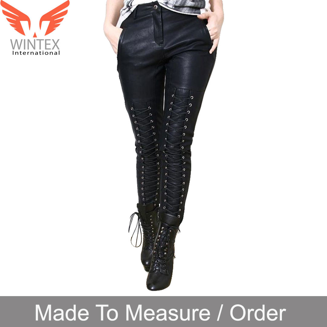 Women Real Lamb Leather Laces Up Slim Fit Pants – Sexy Front Laces Up Pants