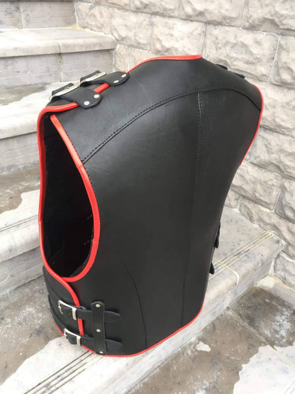 Men’s Real Cowhide Leather Bikers Vest Thick Leather Buckle Closure Bikers Vest with Red Piping