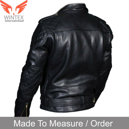 Men’s Real Leather Quilted Panels Bikers Jacket Cowhide Leather Bikers Jacket