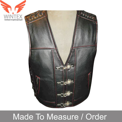 Men Real Cowhide Leather Bikers Vest Motorcycle Contrast Stitch Leather Vest