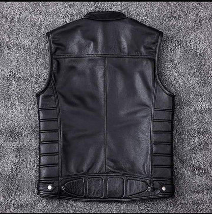 MEN'S REAL COW LEATHER BLACK BIKERS VEST WITH QUILTED / PADDED PANELS BIKER VEST