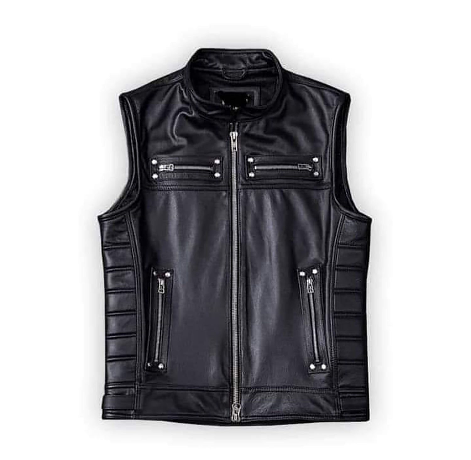 MEN'S REAL COW LEATHER BLACK BIKERS VEST WITH QUILTED / PADDED PANELS BIKER VEST