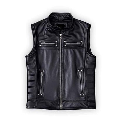 MEN'S REAL COW LEATHER BLACK BIKERS VEST WITH QUILTED / PADDED PANELS BIKER VEST