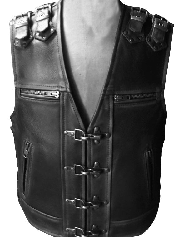 MENS REAL COW LEATHER BLACK MOTORCYCLE VEST BIKER VEST WAISTCOAT