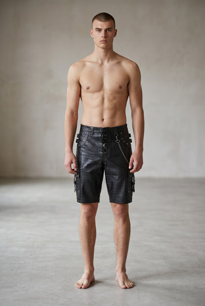 Men's Genuine Cow Leather Crocodile-Embossed Cargo/Gothic?Punk/Biker Shorts