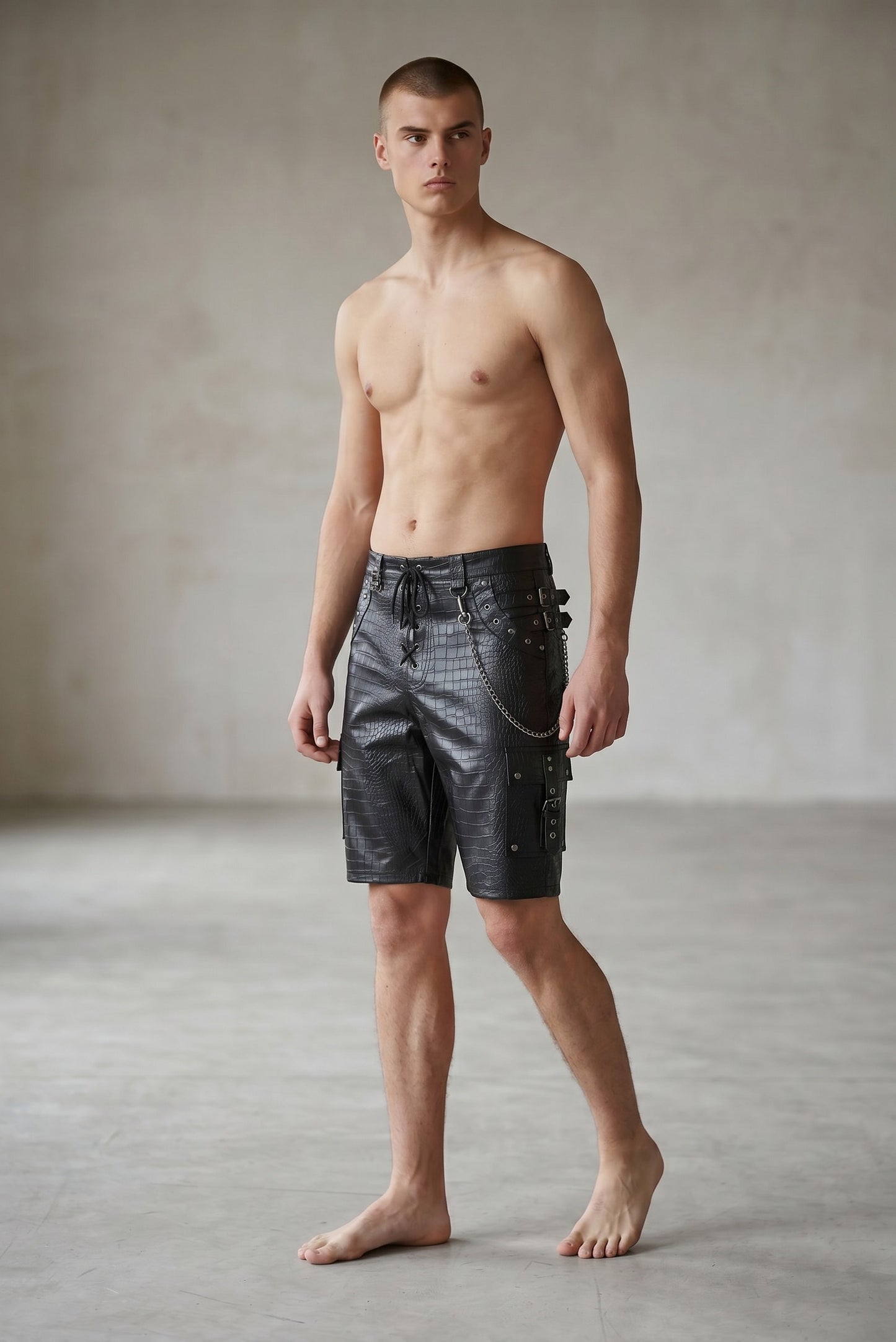 Men's Genuine Cow Leather Crocodile-Embossed Cargo/Gothic?Punk/Biker Shorts
