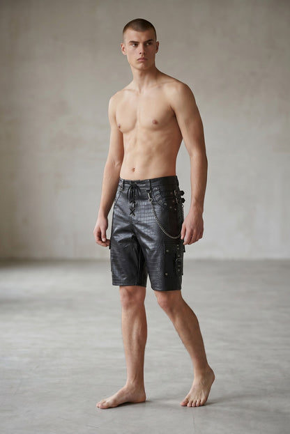 Men's Genuine Cow Leather Crocodile-Embossed Cargo/Gothic?Punk/Biker Shorts