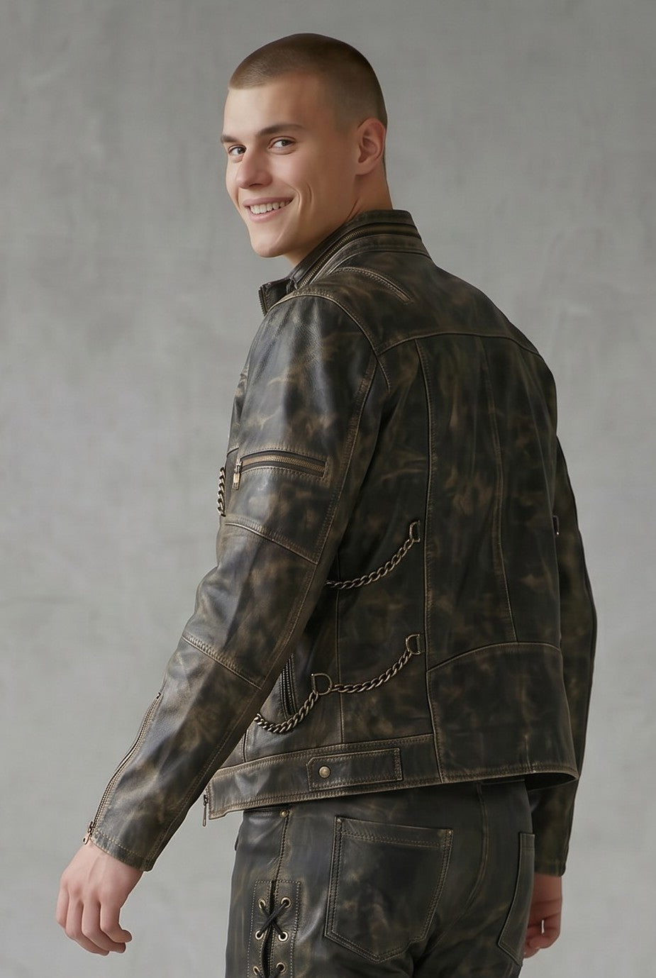 Men's Genuine Distressed Cow Leather Biker Jacket/Steampunk/Gothic Jacket