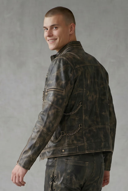 Men's Genuine Distressed Cow Leather Biker Jacket/Steampunk/Gothic Jacket