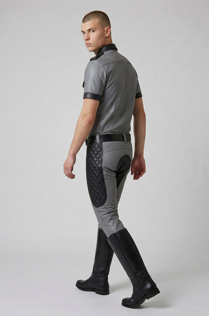 Men's Real Leather Contrast & Quilted Panels Leather Pants,Police Shirt & Tie