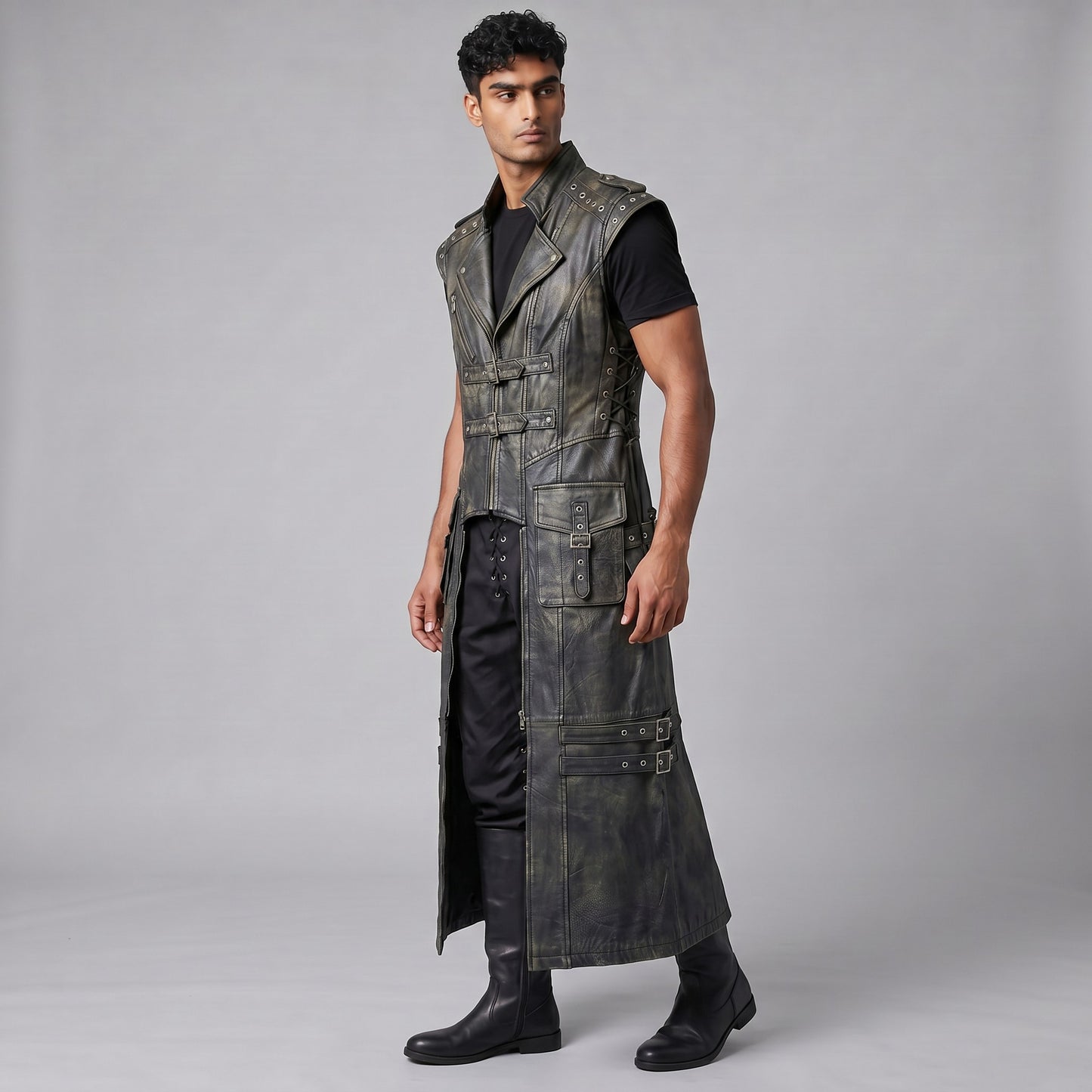 Men's Genuine Distressed Cow Leather Long Biker / Gothic/ Punk Duster Vest