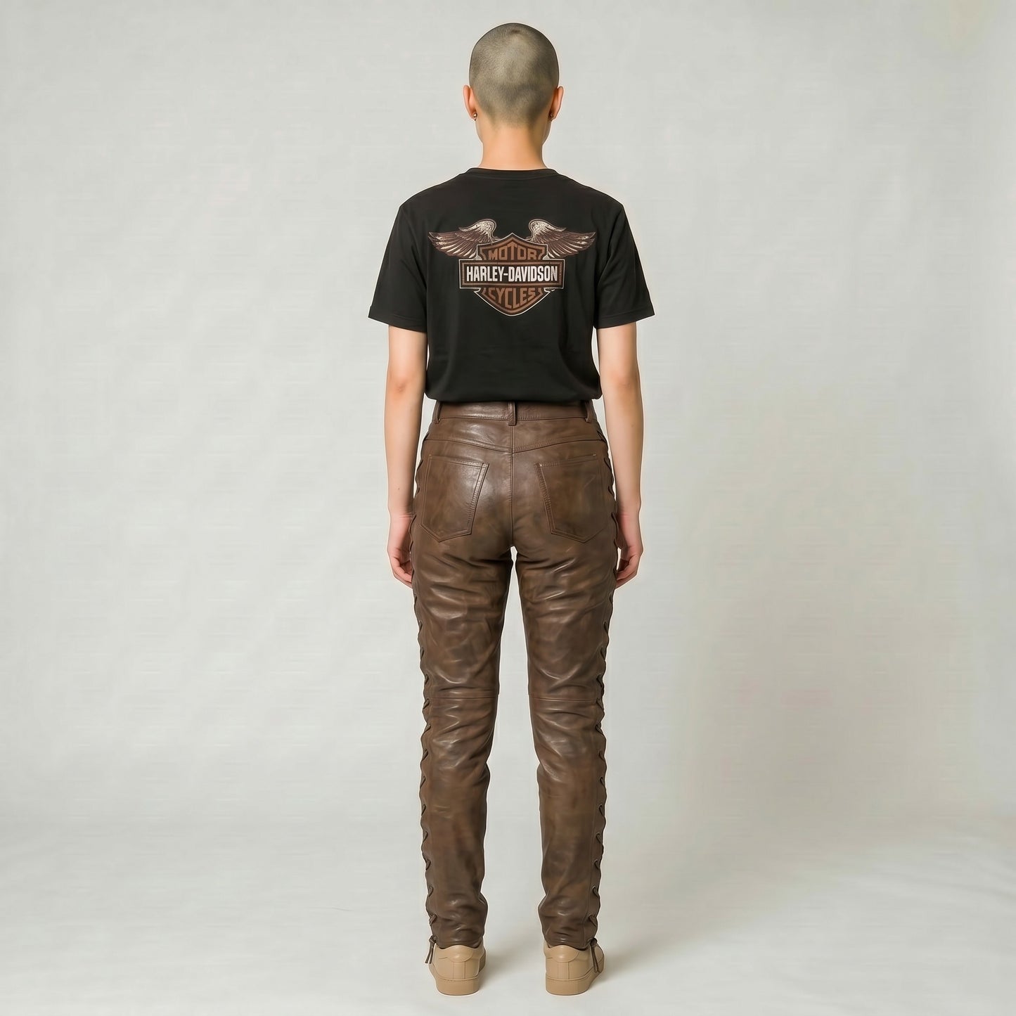 Women Real Vintage Leather Laces Up Pants Sexy Slim Fit Leather Pants