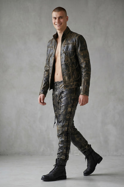 Men's Genuine Distressed Cow Leather Biker Jacket/Steampunk/Gothic Jacket