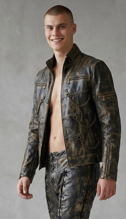 Men's Genuine Distressed Cow Leather Biker Jacket/Steampunk/Gothic Jacket