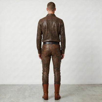 Men's Real Cowhide Distressed Leather 5 Pockets Pants