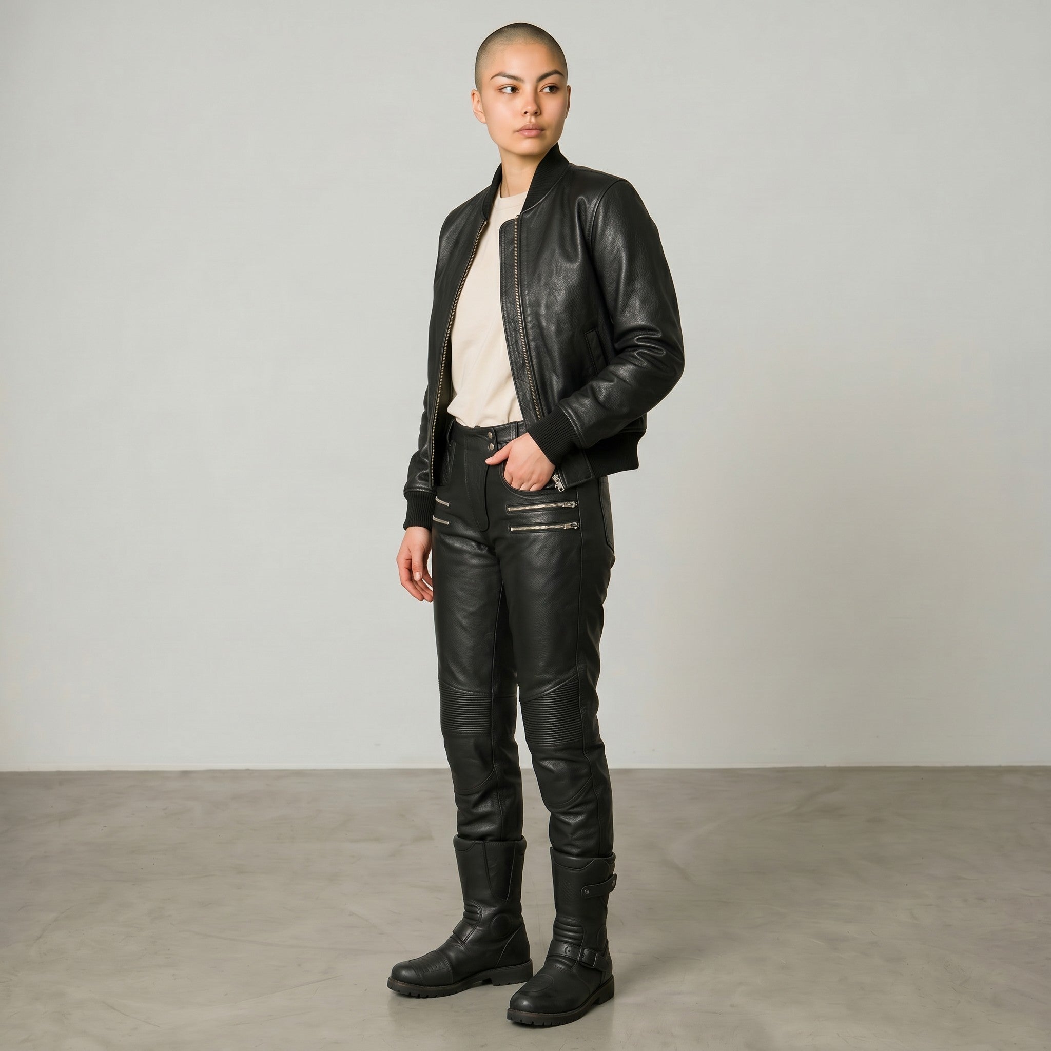 Women Real Cowhide Leather Bikers Pants