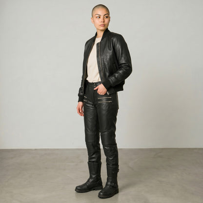 Women Real Cowhide Leather Bikers Pants