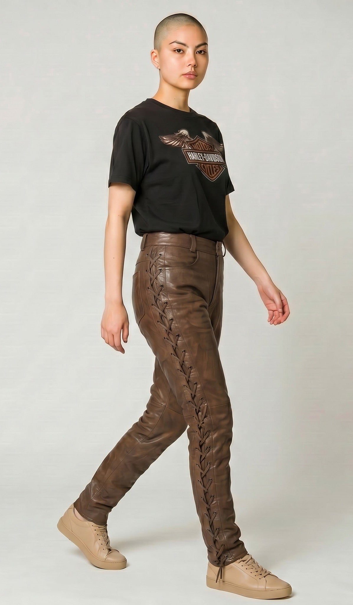 Women Real Vintage Leather Laces Up Pants Sexy Slim Fit Leather Pants