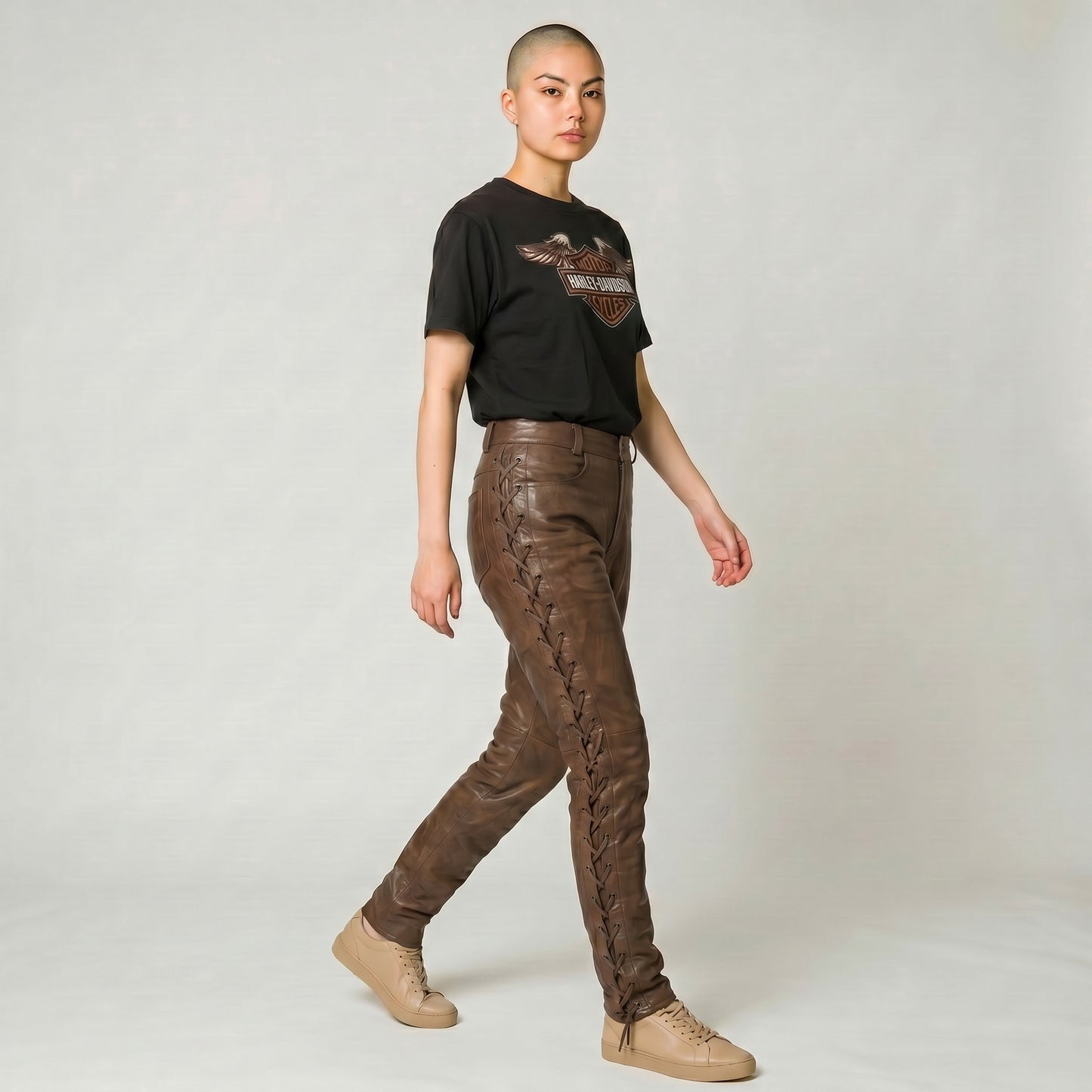 Women Real Vintage Leather Laces Up Pants Sexy Slim Fit Leather Pants