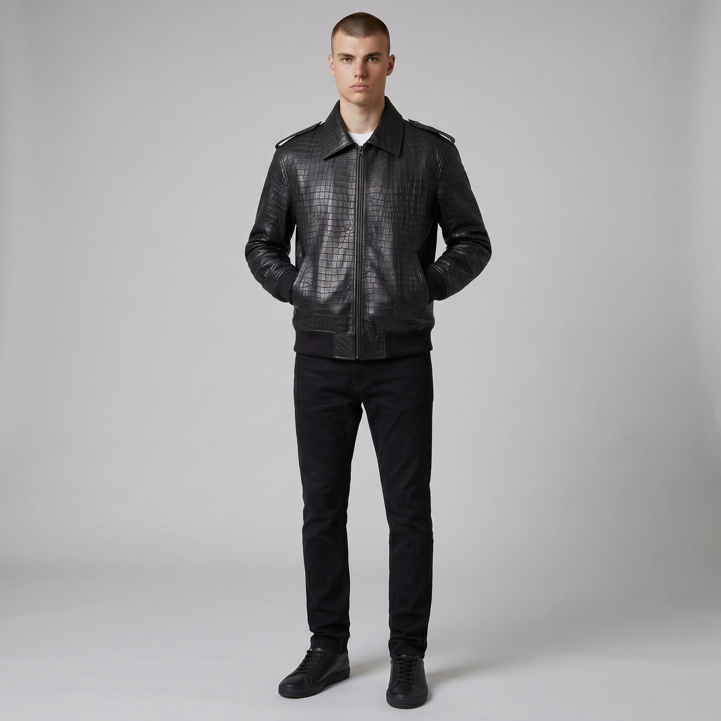 Men's Real Cowhide Crocodile Print Leather Bomber Jacket