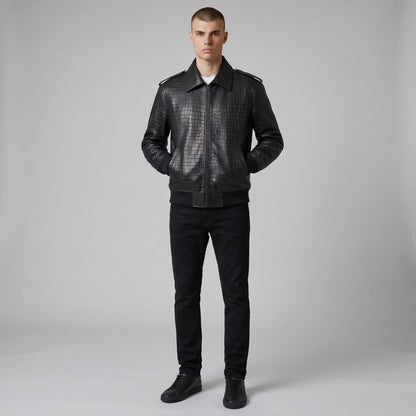 Men's Real Cowhide Crocodile Print Leather Bomber Jacket