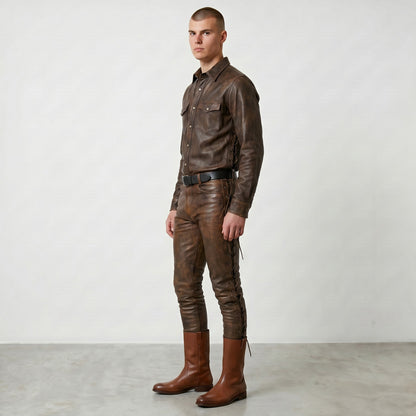 Men's Real Cowhide Distressed Leather 5 Pockets Pants
