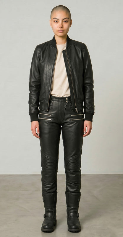 Women Real Cowhide Leather Bikers Pants