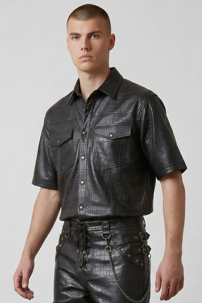 Men's Genuine Cow Leather Crocodile-Embossed Short Sleeve Shirt