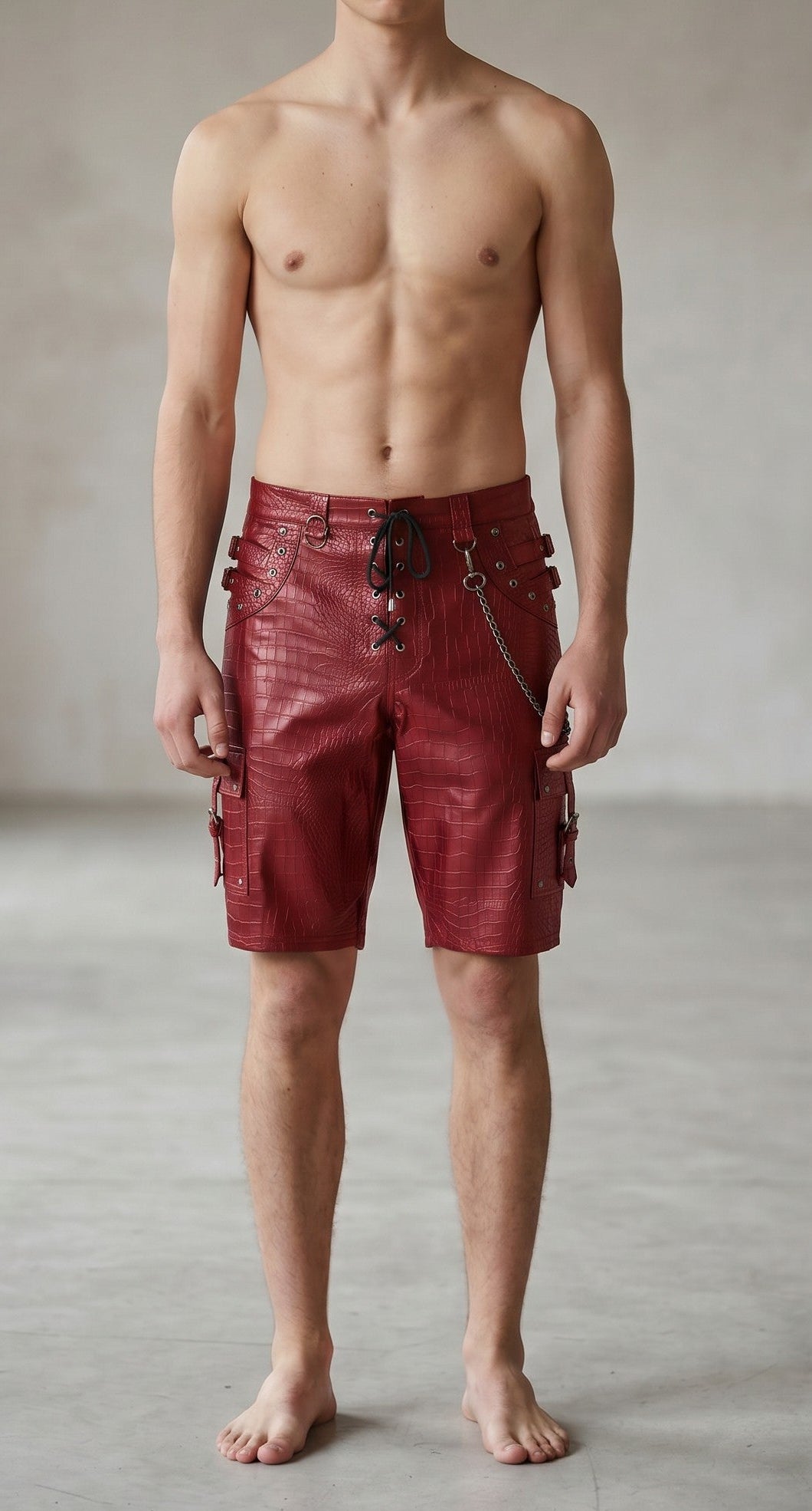Men's Genuine Cow Leather Crocodile-Embossed Cargo/Gothic?Punk/Biker Shorts