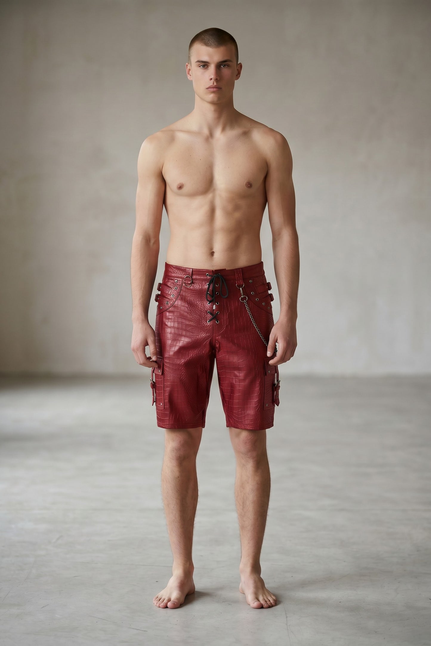 Men's Genuine Cow Leather Crocodile-Embossed Cargo/Gothic?Punk/Biker Shorts