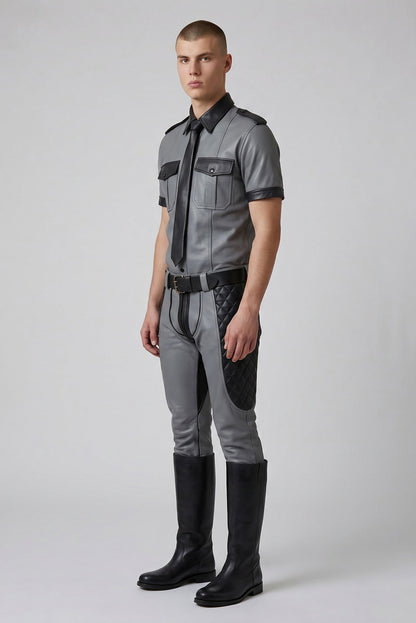 Men's Real Leather Contrast & Quilted Panels Leather Pants,Police Shirt & Tie