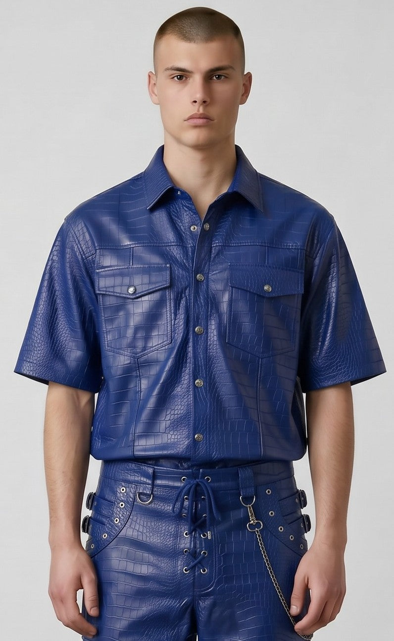 Men's Genuine Cow Leather Crocodile-Embossed Short Sleeve Shirt