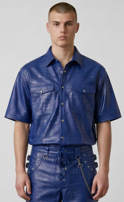 Men's Genuine Cow Leather Crocodile-Embossed Short Sleeve Shirt