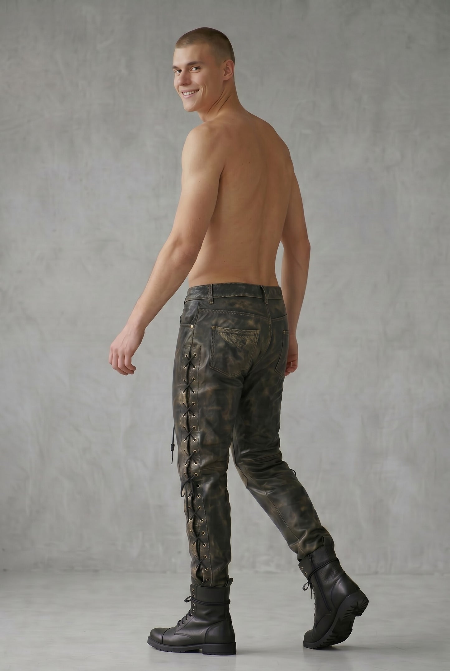 Men's Genuine Distressed Cow Leather Lace-Up Biker/Rock/Gothic Pants