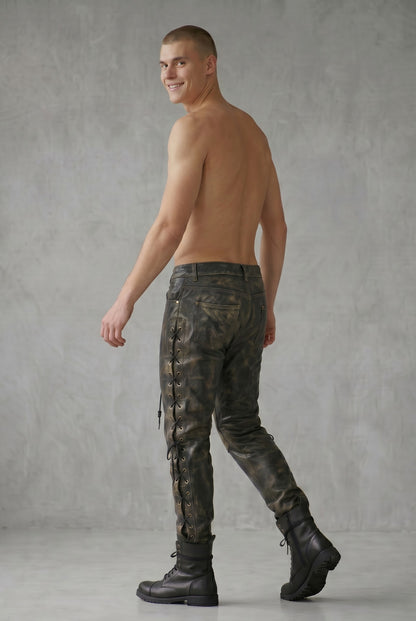 Men's Genuine Distressed Cow Leather Lace-Up Biker/Rock/Gothic Pants