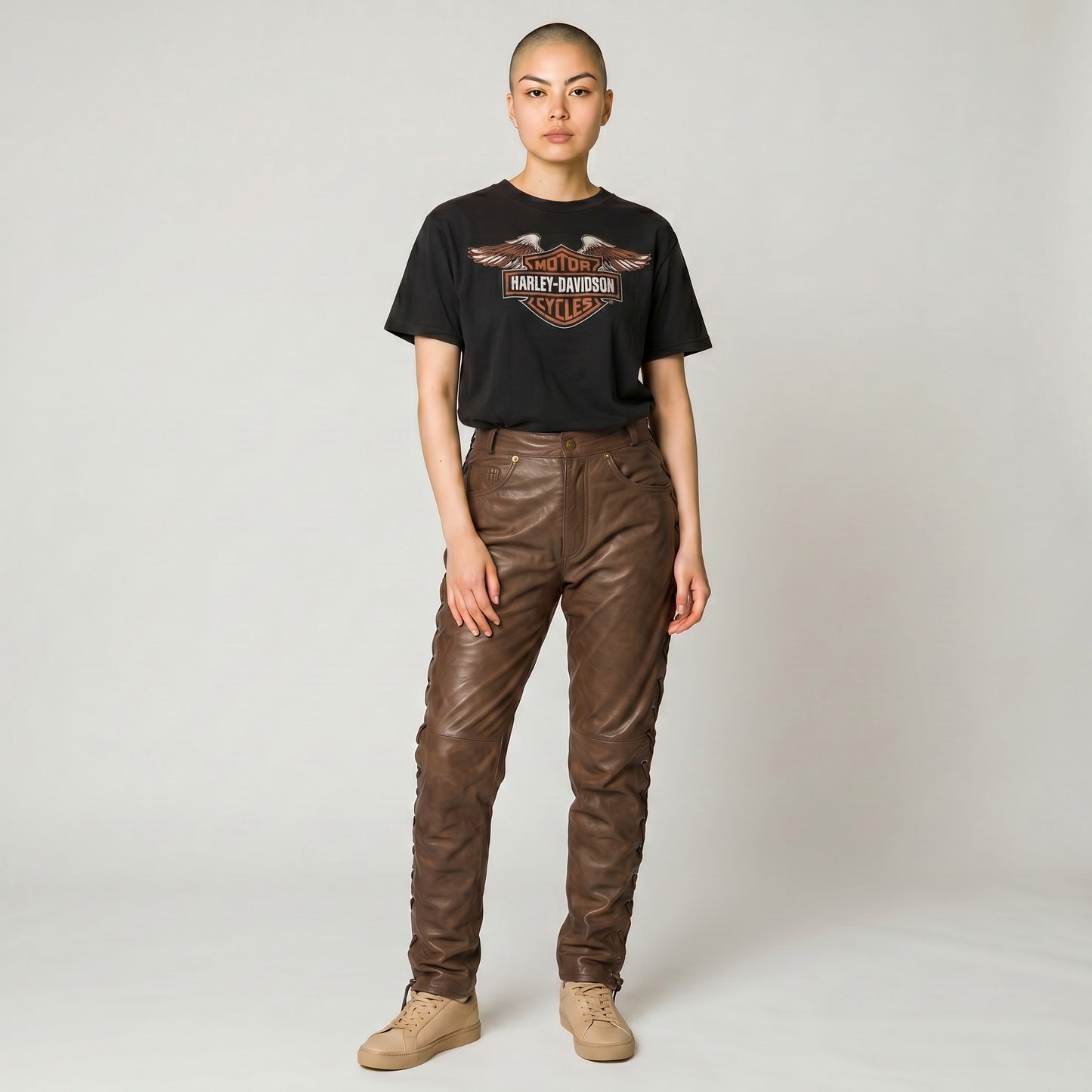 Women Real Vintage Leather Laces Up Pants Sexy Slim Fit Leather Pants