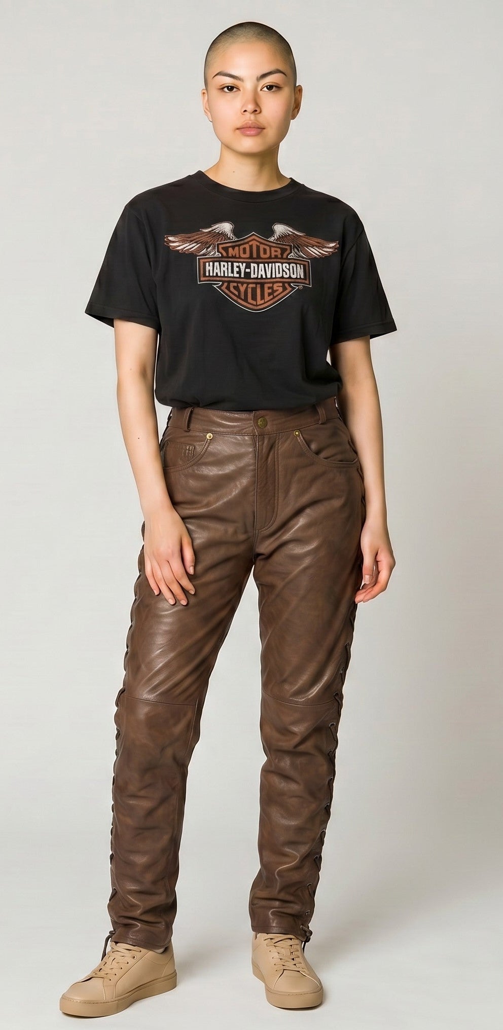 Women Real Vintage Leather Laces Up Pants Sexy Slim Fit Leather Pants