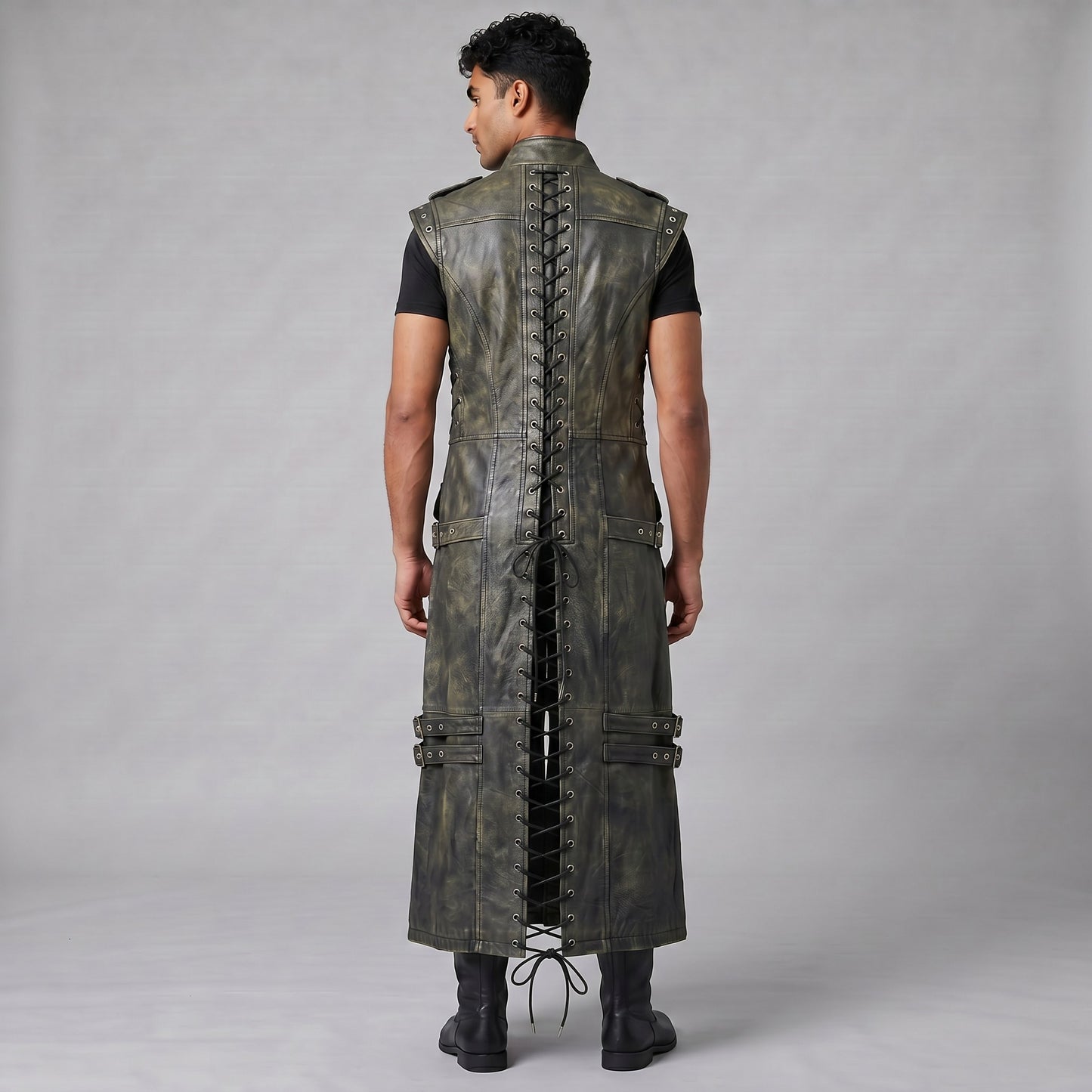 Men's Genuine Distressed Cow Leather Long Biker / Gothic/ Punk Duster Vest