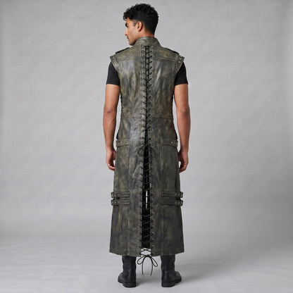 Men's Genuine Distressed Cow Leather Long Biker / Gothic/ Punk Duster Vest