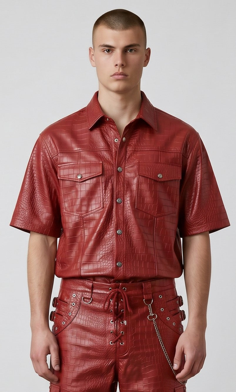 Men's Genuine Cow Leather Crocodile-Embossed Short Sleeve Shirt