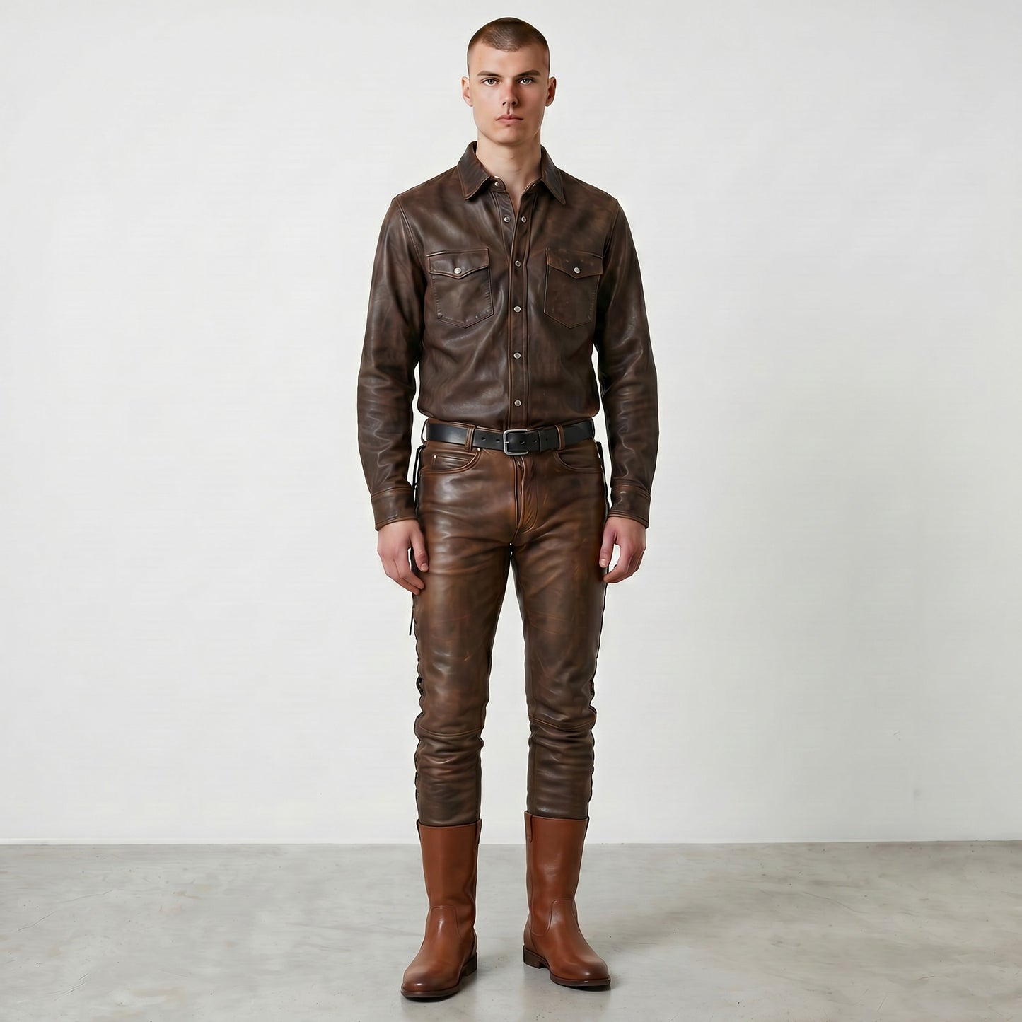 Men's Real Cowhide Distressed Leather 5 Pockets Pants