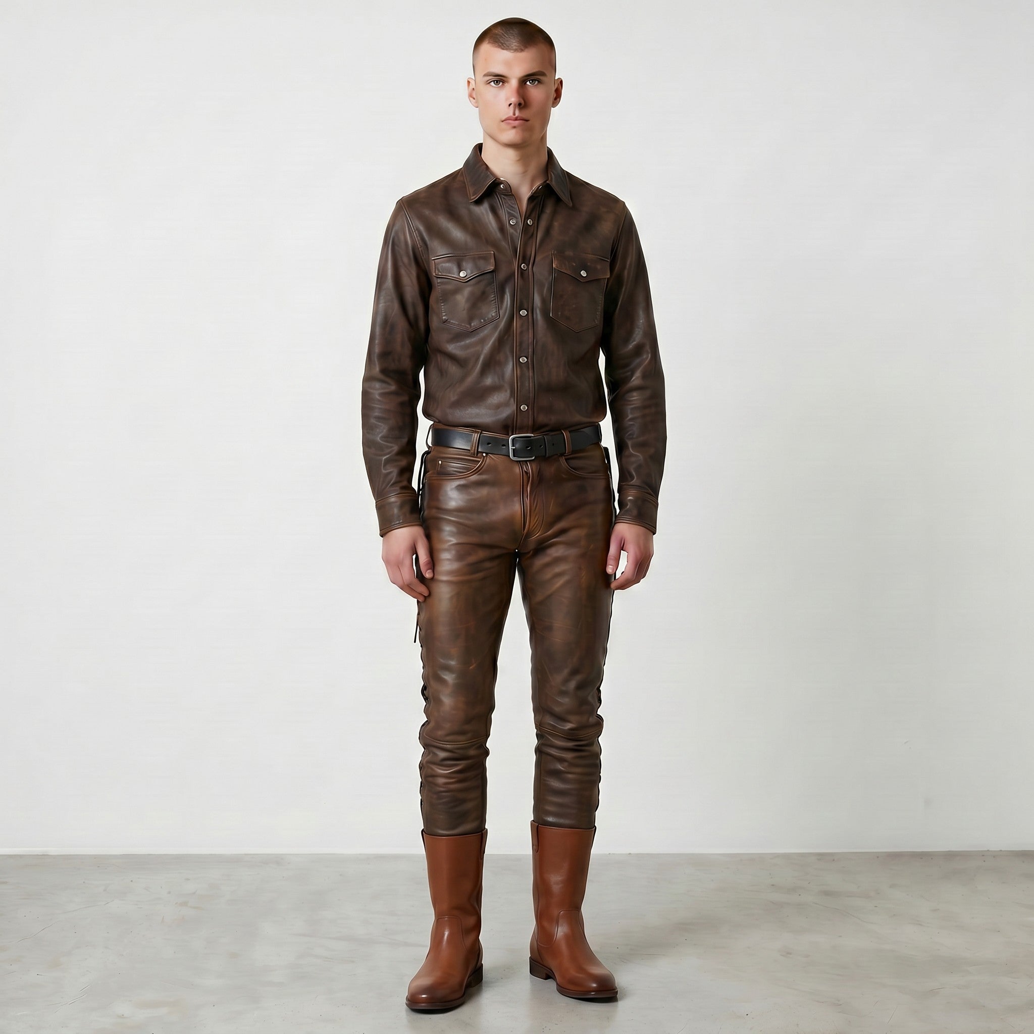 Men's Real Cowhide Distressed Leather 5 Pockets Pants