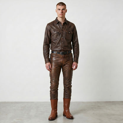 Men's Real Cowhide Distressed Leather 5 Pockets Pants
