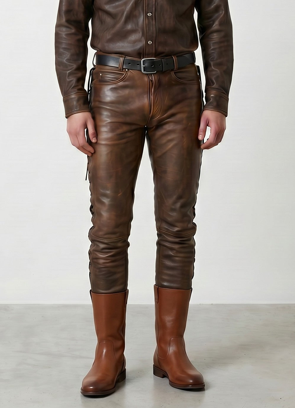 Men's Real Cowhide Distressed Leather 5 Pockets Pants