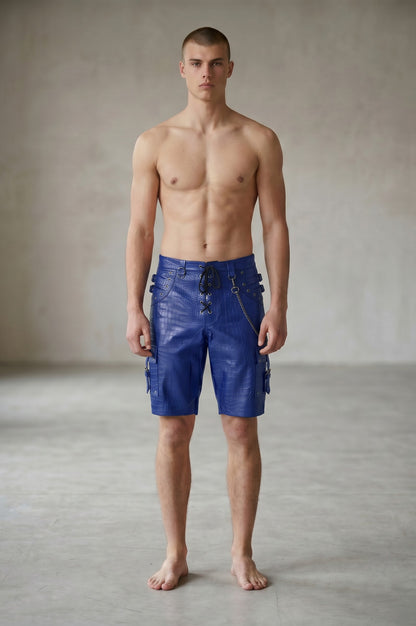 Men's Genuine Cow Leather Crocodile-Embossed Cargo/Gothic?Punk/Biker Shorts